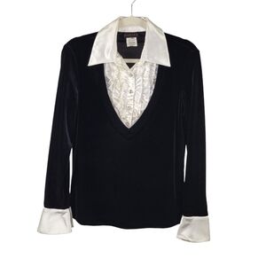 Marina Velvet Layered Ruffle Detail Long Sleeve Top Women's Size M Black & White